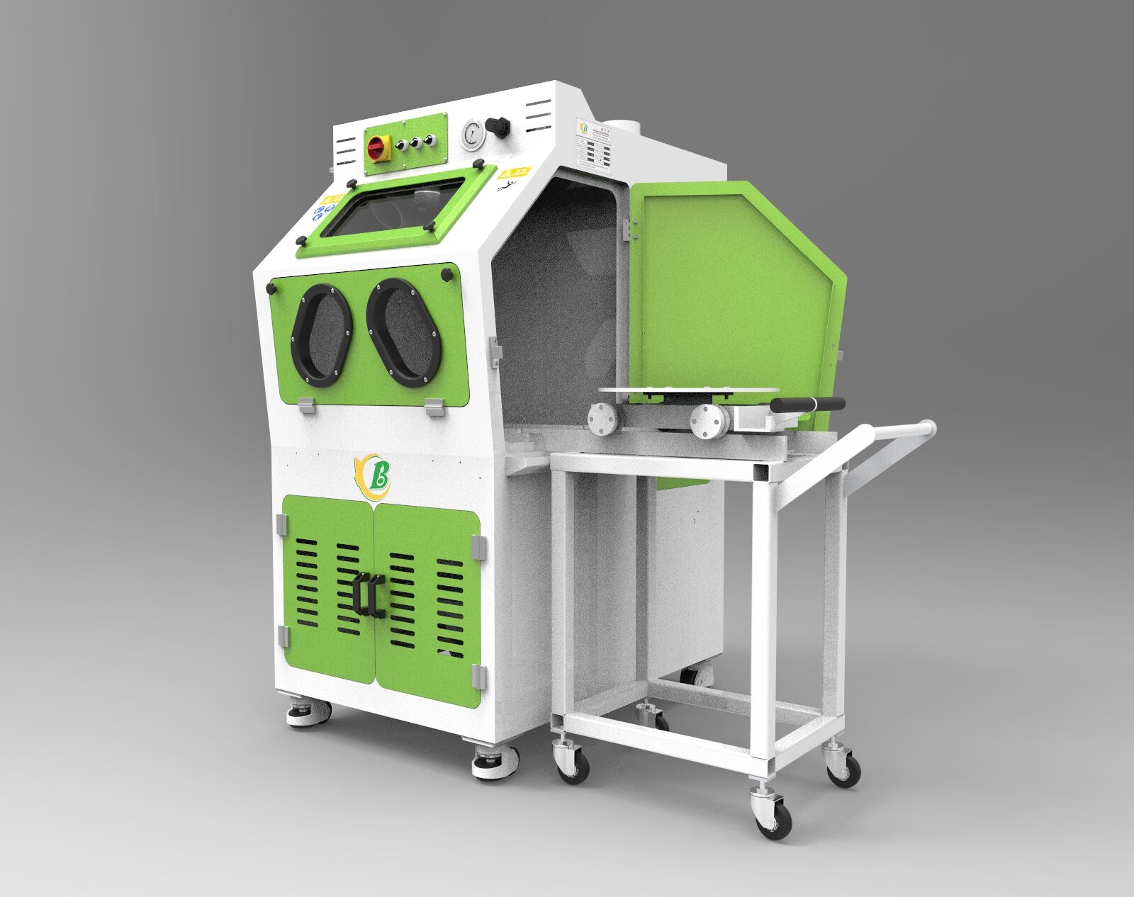 新型環(huán)保式手動推車轉(zhuǎn)臺噴砂機